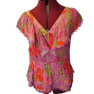 Rose & Olive Colorful Floral Sleeveless Lace and Ruffles Petalum Blouse Size 6